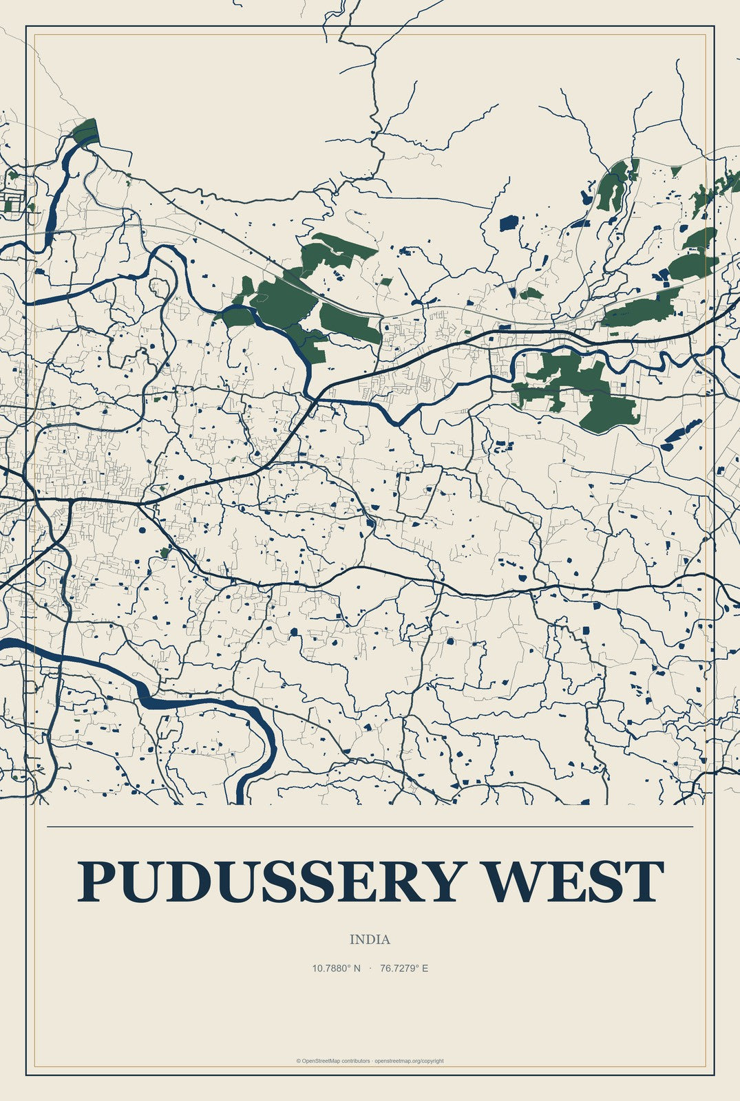 Pudussery West, India City Map Aluminum Sign in Coastal Cutout style