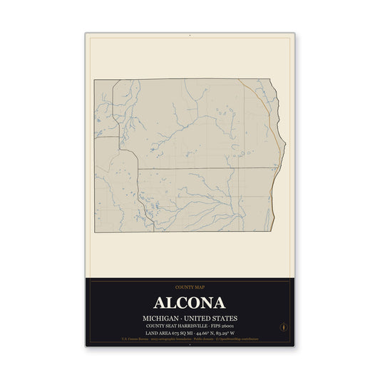 Alcona County, Michigan Map Aluminum Sign in Museum Plaque style