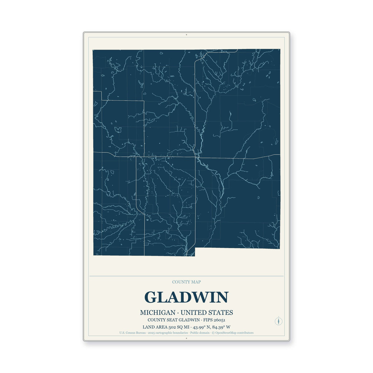 Gladwin County, Michigan Map Aluminum Sign in Coastal Cutout style