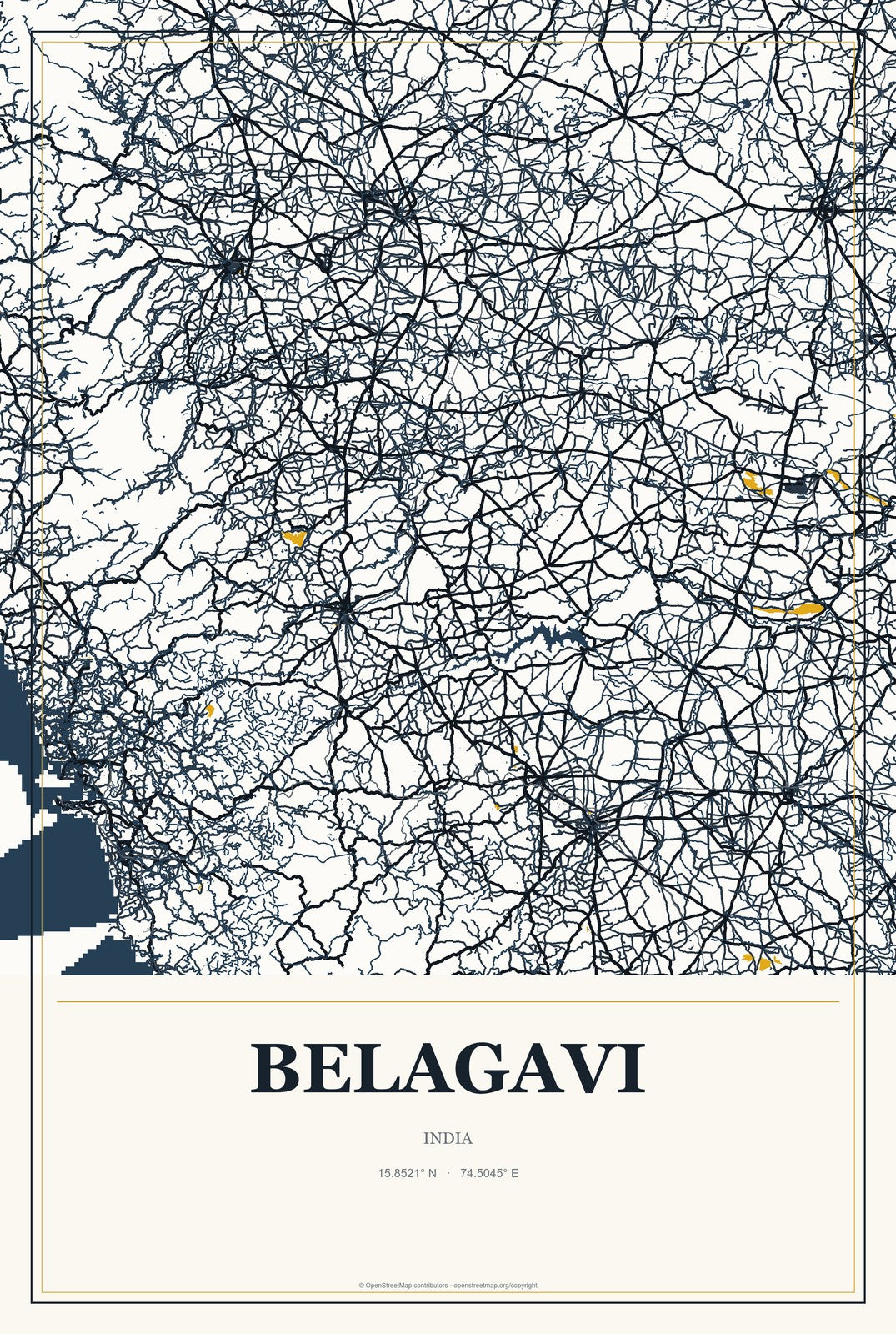 Belagavi, India City Map Aluminum Sign in Citrine Modern style