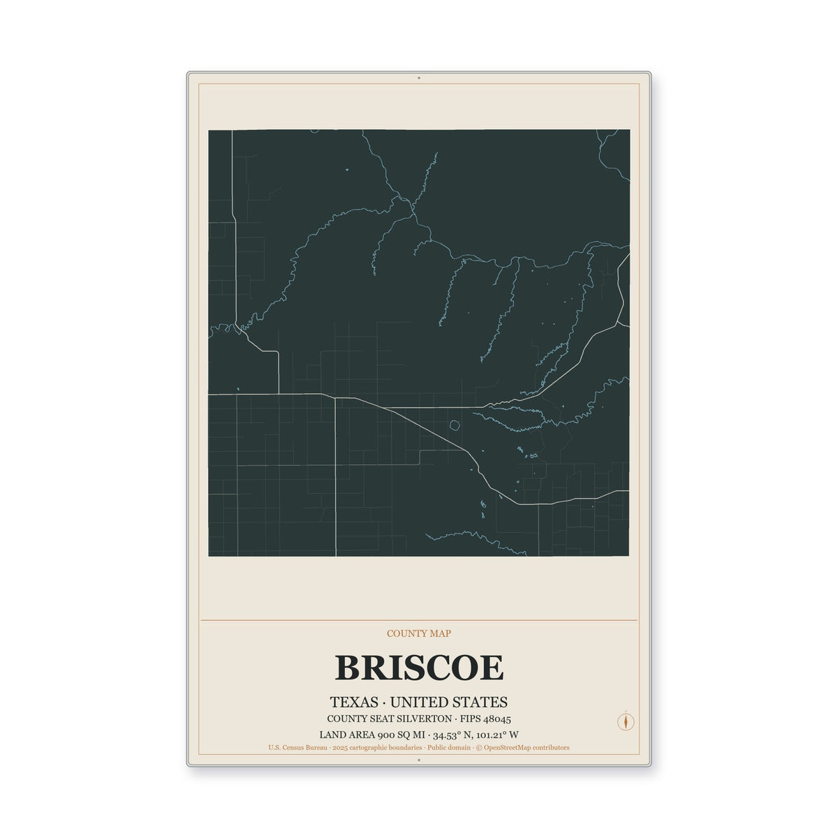 Briscoe County, Texas Map Aluminum Sign in Headline Atlas style