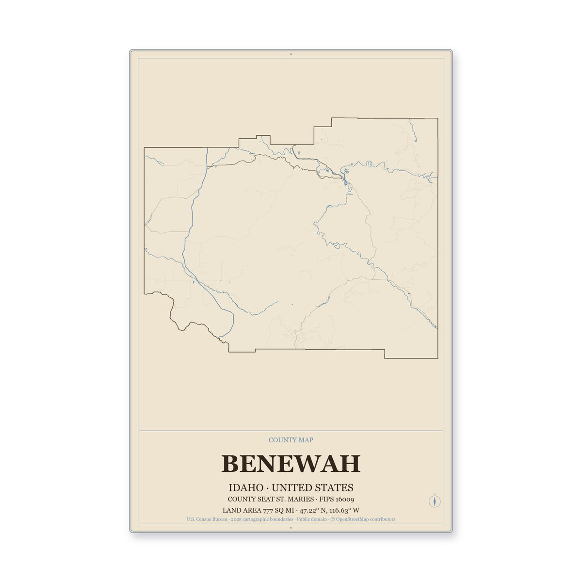 Benewah County, Idaho Map Aluminum Sign in Heritage Nautical style