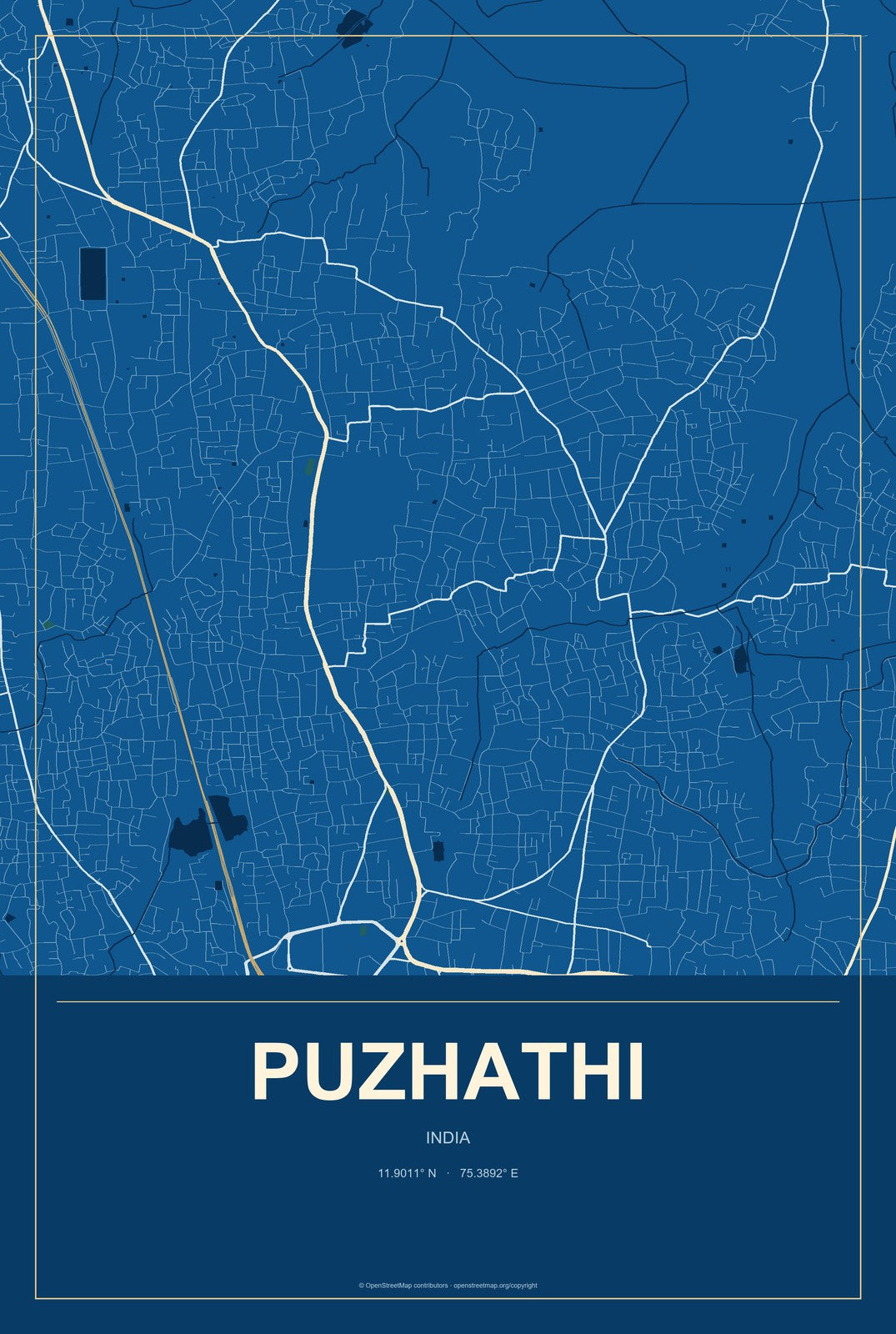 Puzhathi, India City Map Aluminum Sign in Harbor Cobalt style