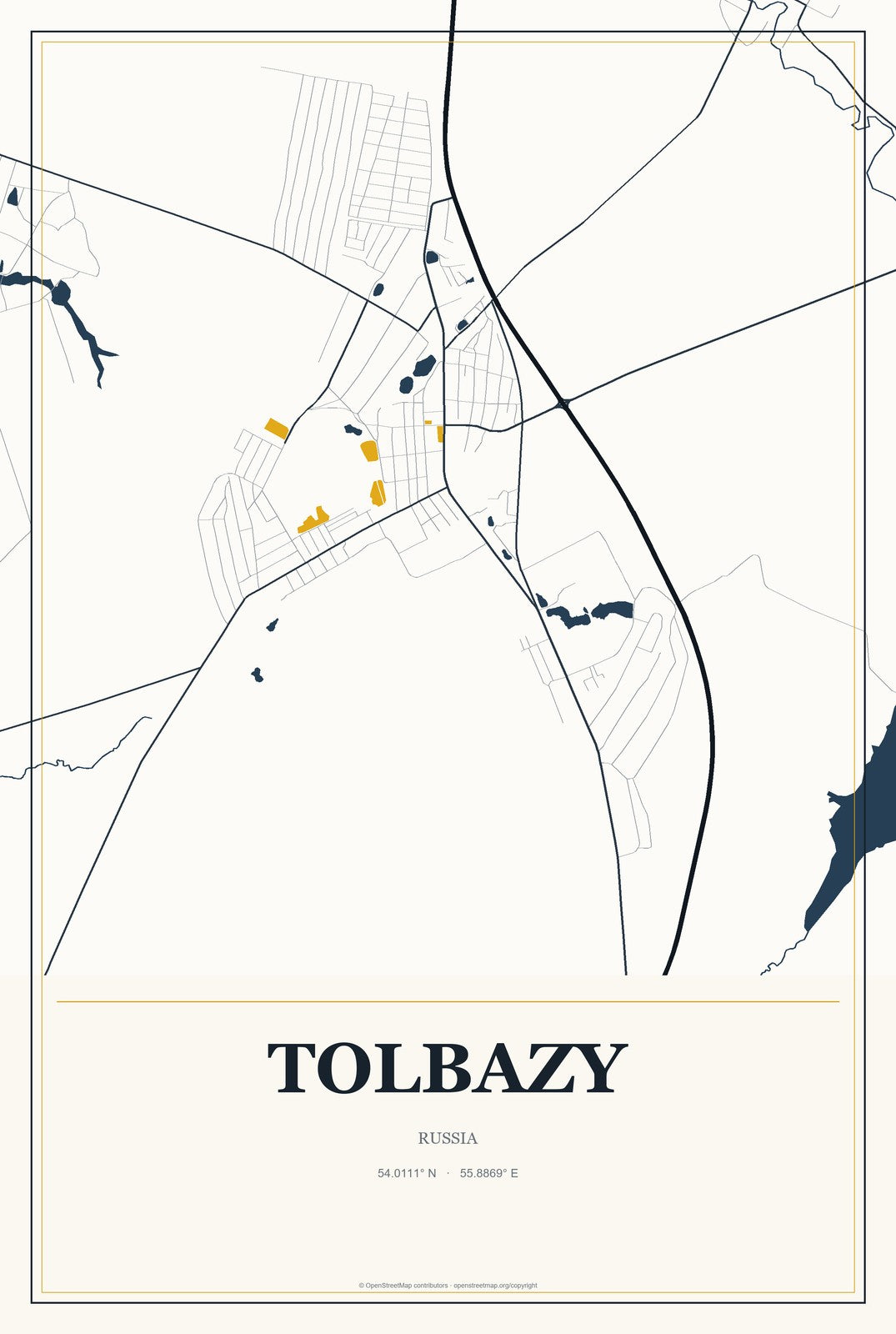Tolbazy, Russia City Map Aluminum Sign in Citrine Modern style