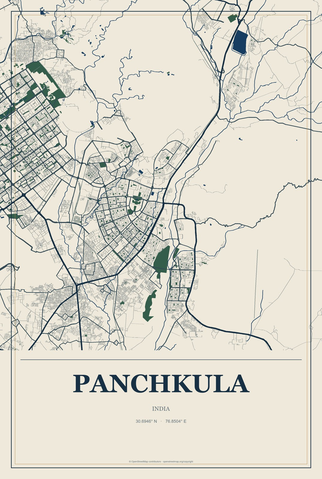 Panchkula, India City Map Aluminum Sign in Coastal Cutout style