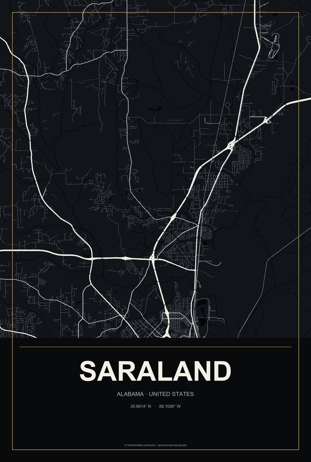 Saraland, Alabama City Map Aluminum Sign in Metropolitan Noir style