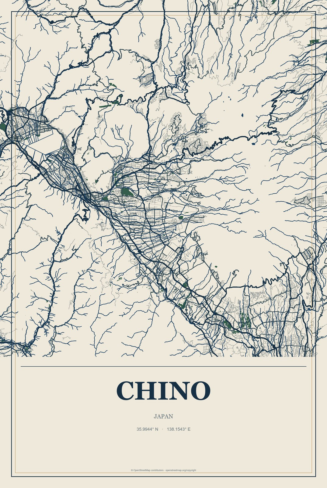 Chino, Japan City Map Aluminum Sign in Coastal Cutout style