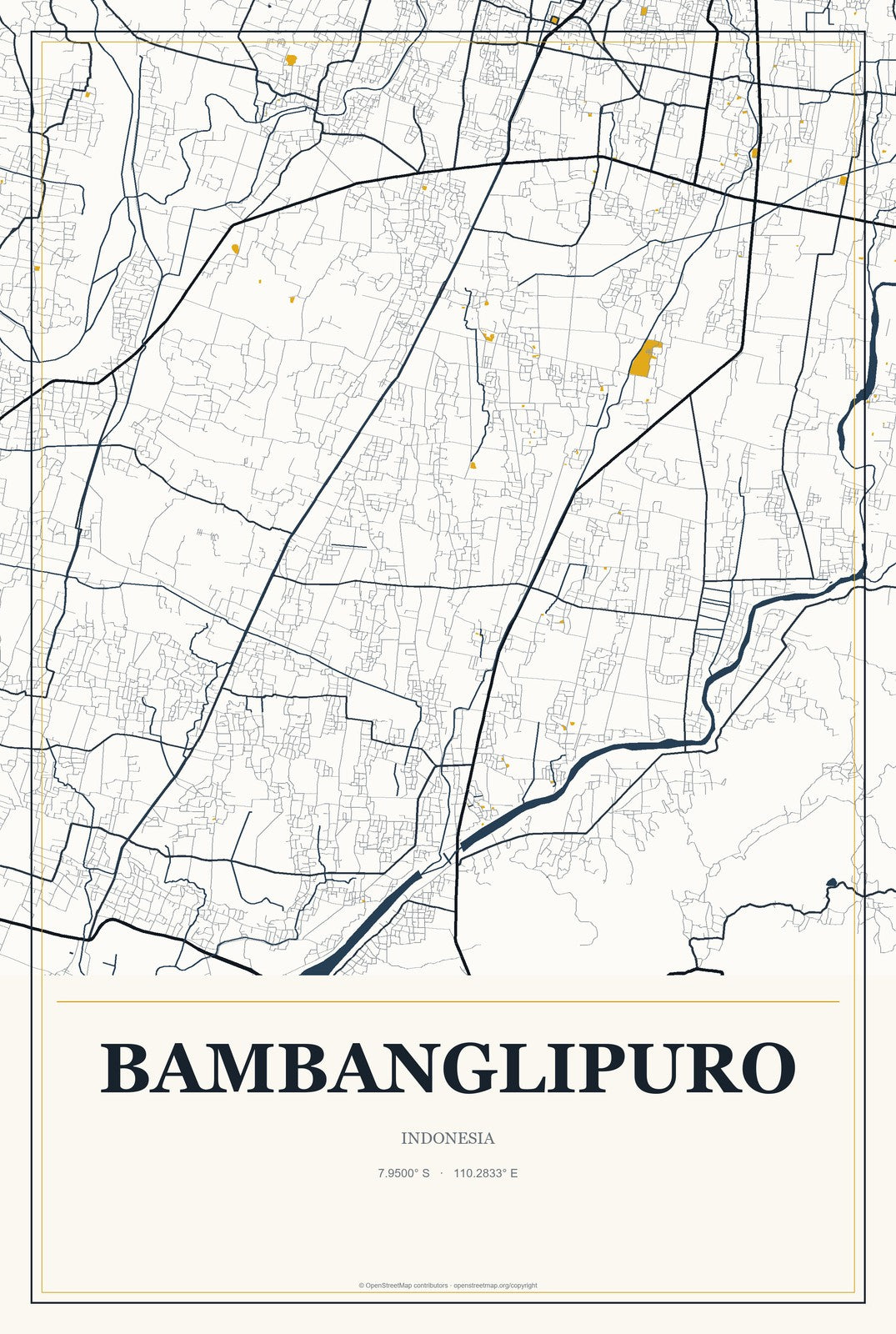 Bambanglipuro, Indonesia City Map Aluminum Sign in Citrine Modern style