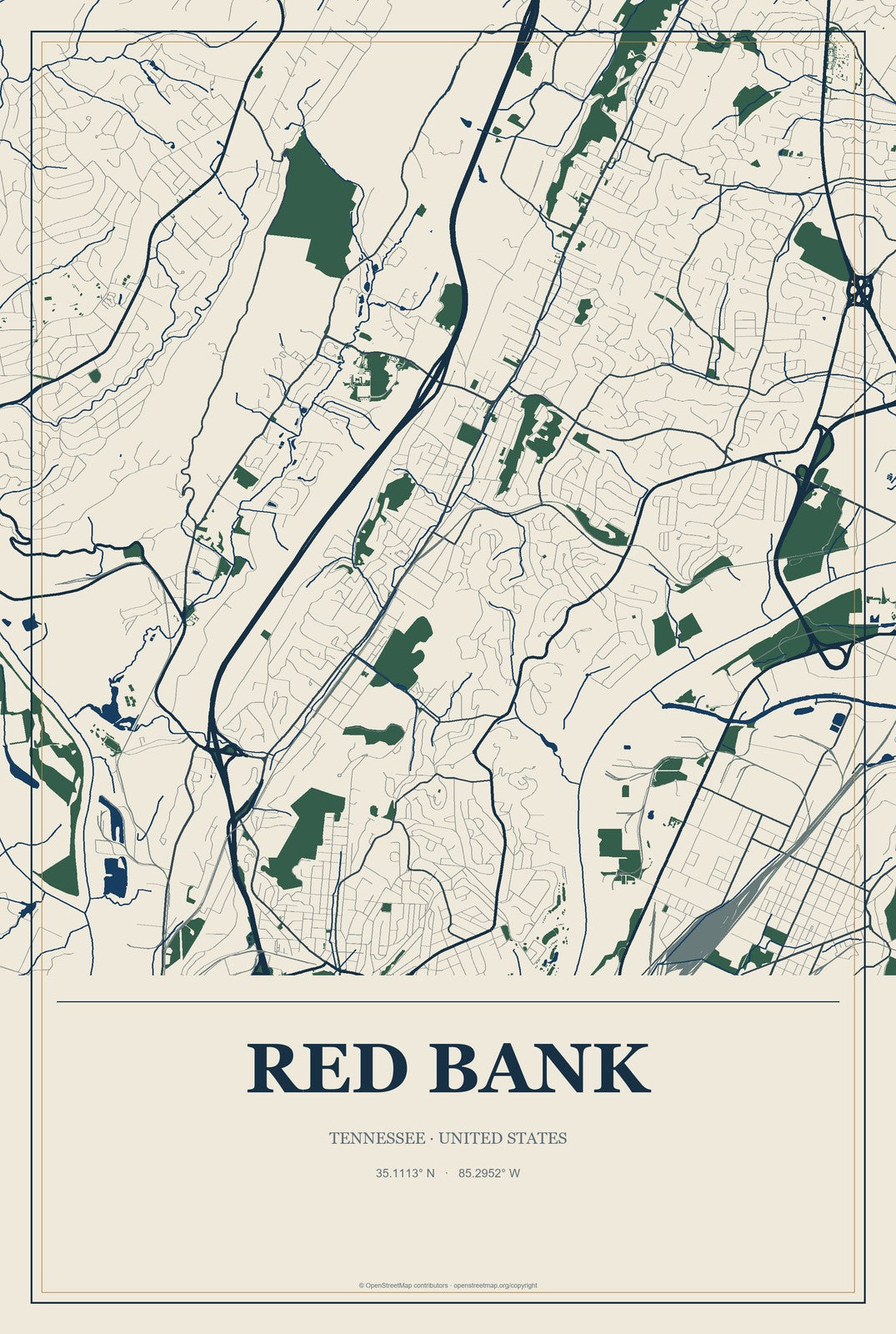 Red Bank, Tennessee City Map Aluminum Sign in Coastal Cutout style