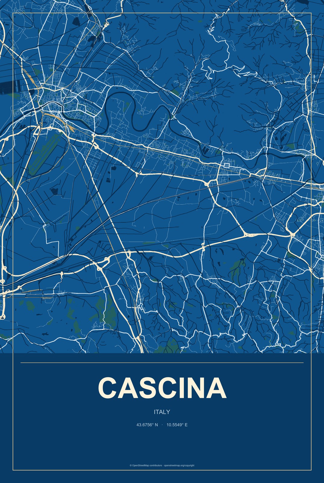 Cascina, Italy City Map Aluminum Sign in Harbor Cobalt style
