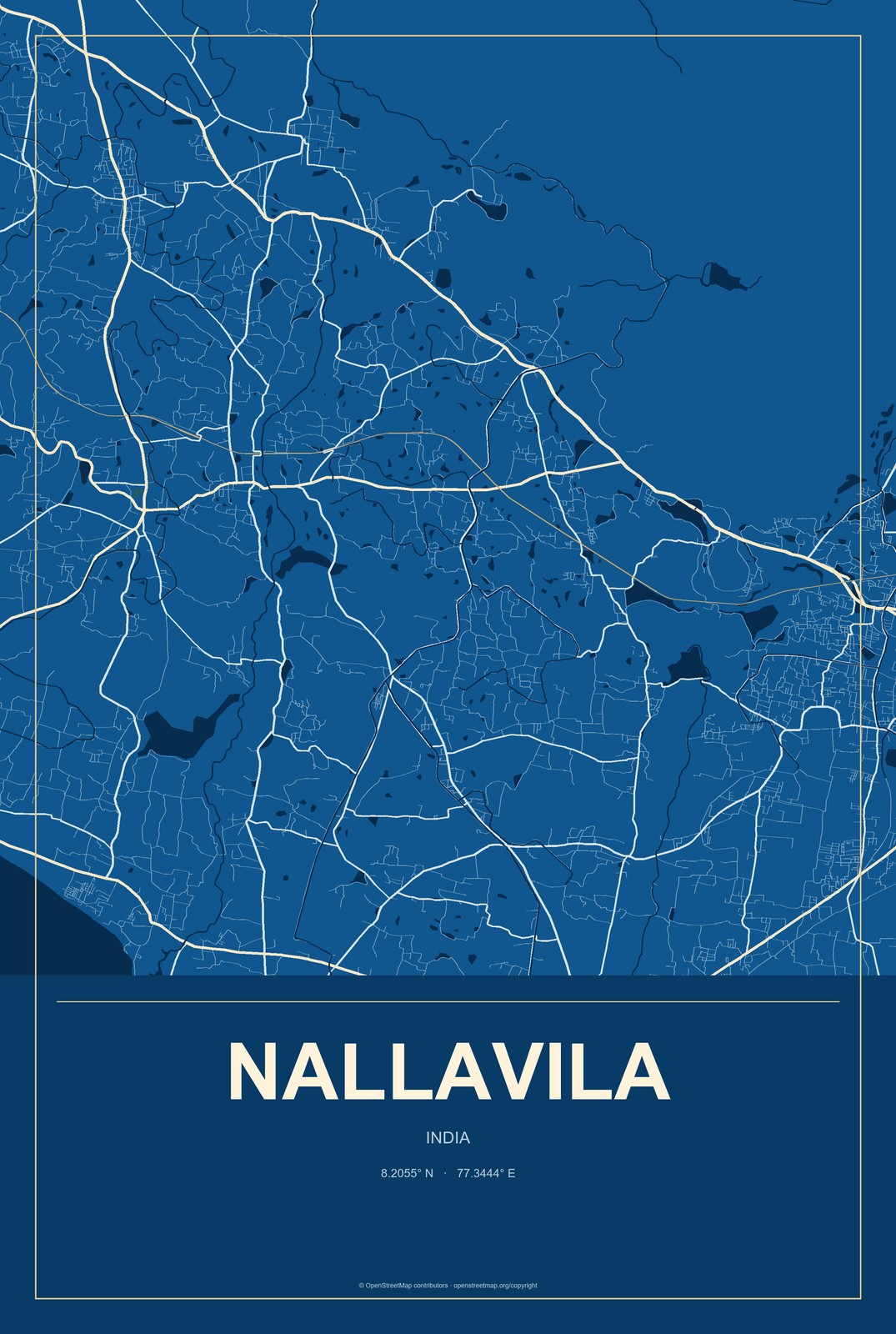 Nallavila, India City Map Aluminum Sign in Harbor Cobalt style
