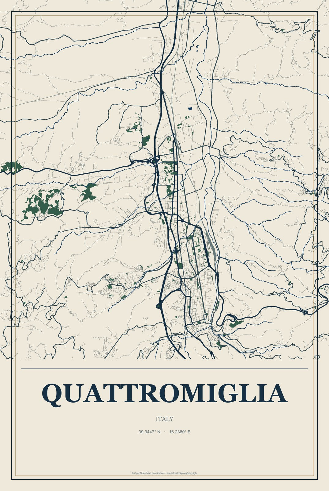 Quattromiglia, Italy City Map Aluminum Sign in Coastal Cutout style
