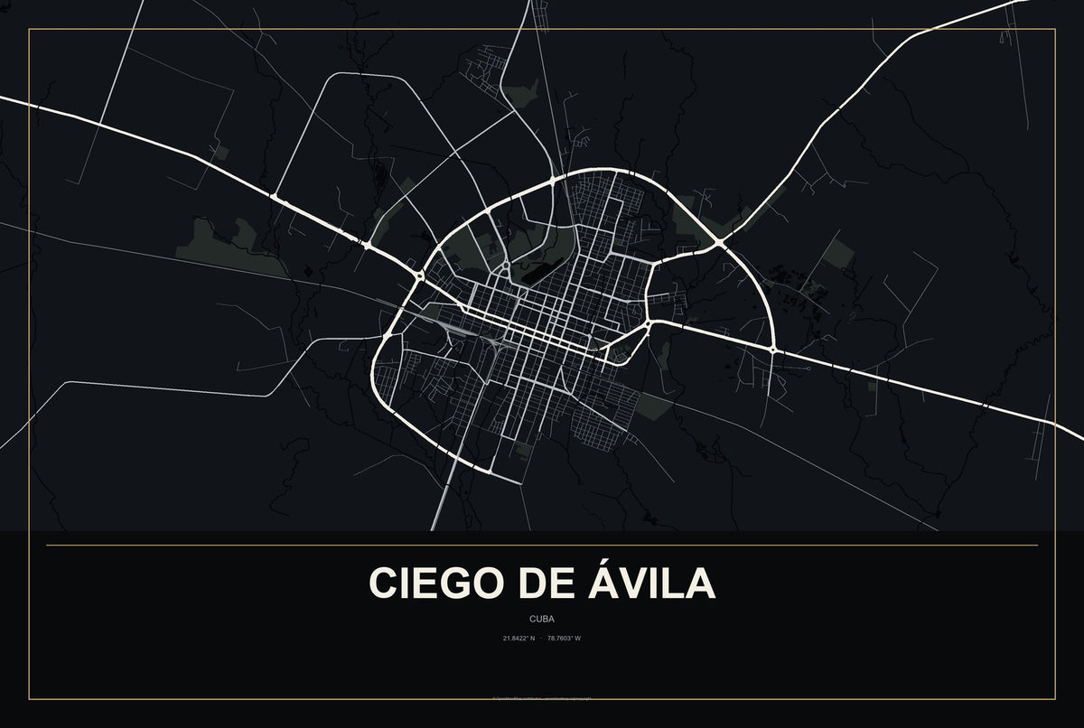 Ciego de Ávila, Cuba City Map Aluminum Sign in Metropolitan Noir style