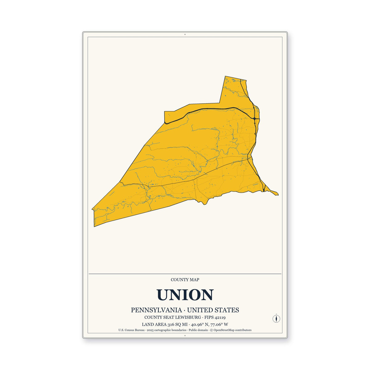 Union County, Pennsylvania Map Aluminum Sign in Citrine Modern style