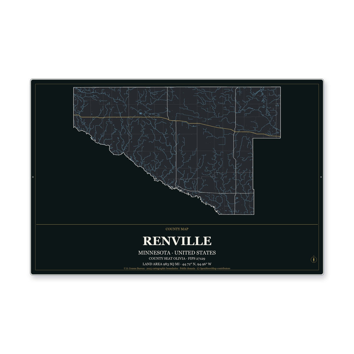 Renville County, Minnesota Map Aluminum Sign in Metropolitan Noir style