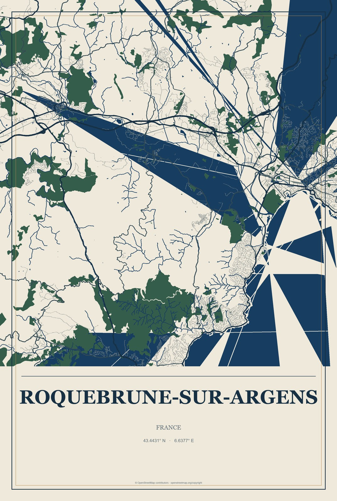Roquebrune-sur-Argens, France City Map Aluminum Sign in Coastal Cutout style