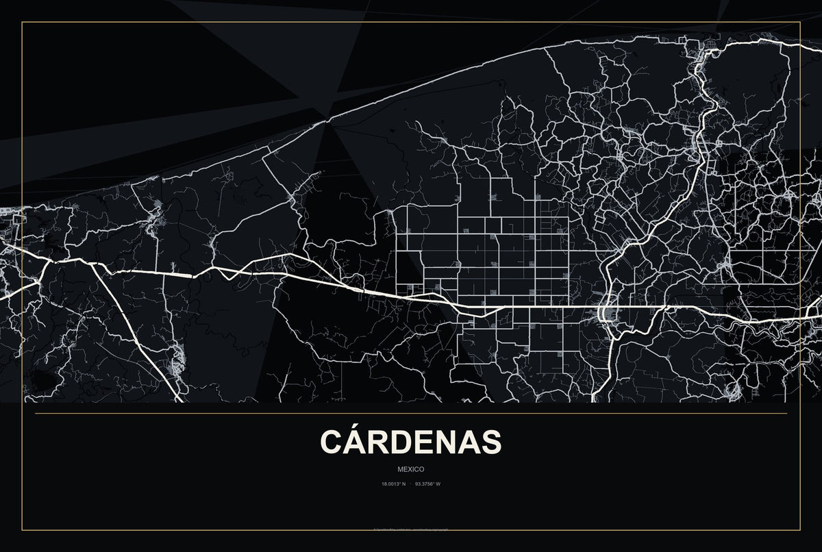 Cárdenas, Tabasco, Mexico City Map Aluminum Sign in Metropolitan Noir style
