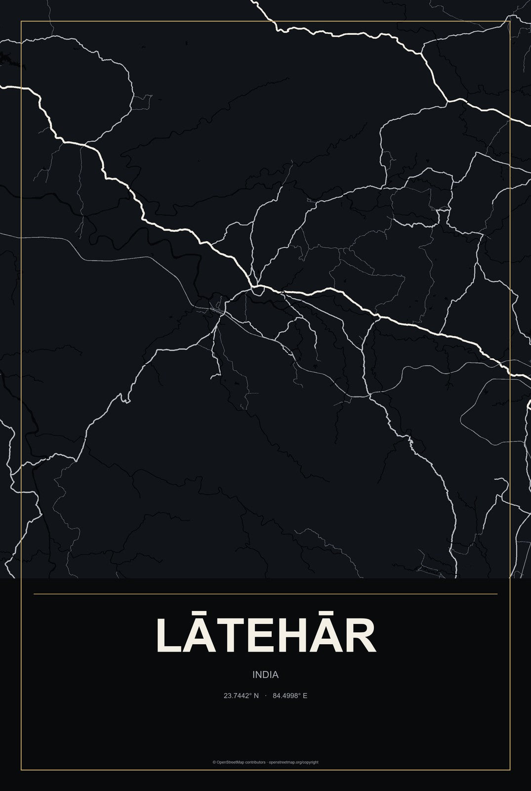 Lātehār, India City Map Aluminum Sign in Metropolitan Noir style