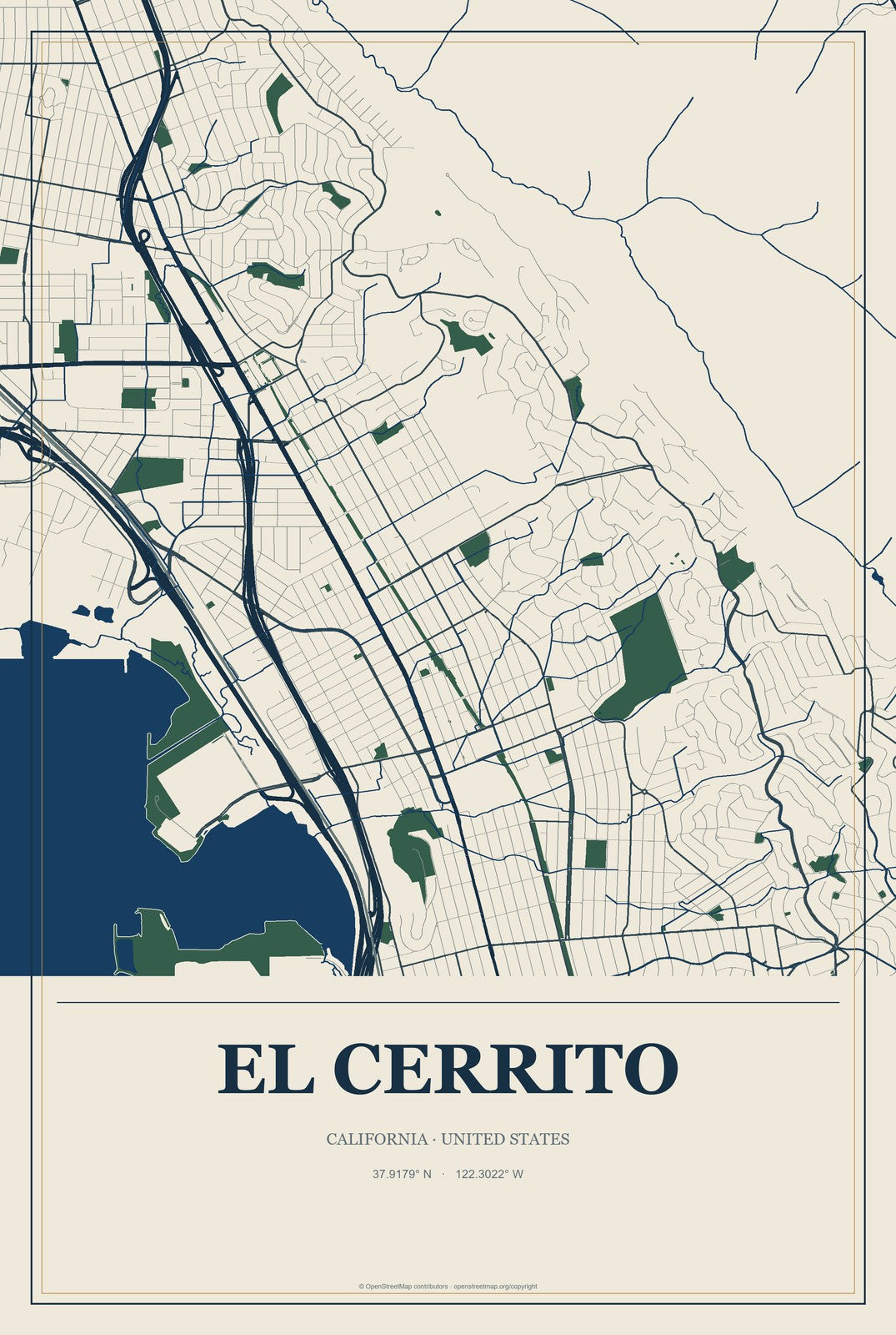 El Cerrito, California City Map Aluminum Sign in Coastal Cutout style