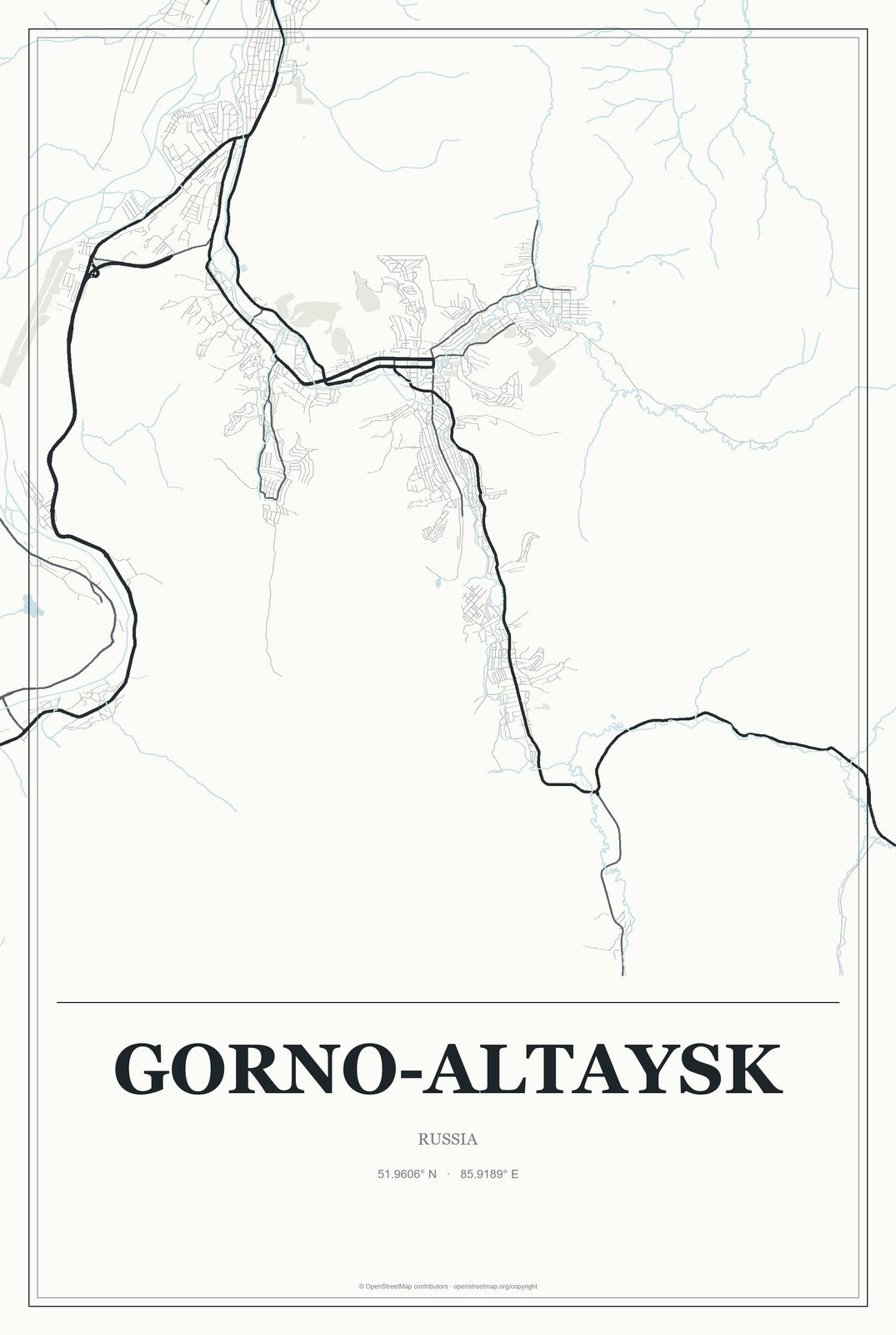 Gorno-Altaysk, Russia City Map Aluminum Sign in Gallery Air style