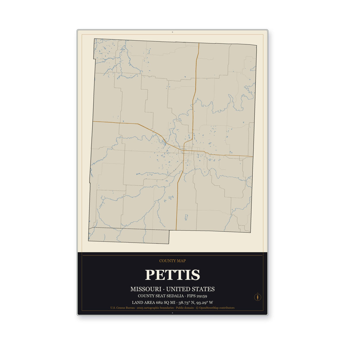 Pettis County, Missouri Map Aluminum Sign in Museum Plaque style