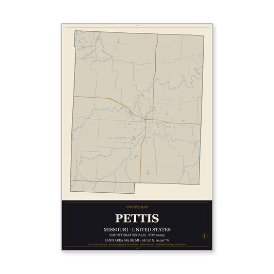 Pettis County, Missouri Map Aluminum Sign in Museum Plaque style