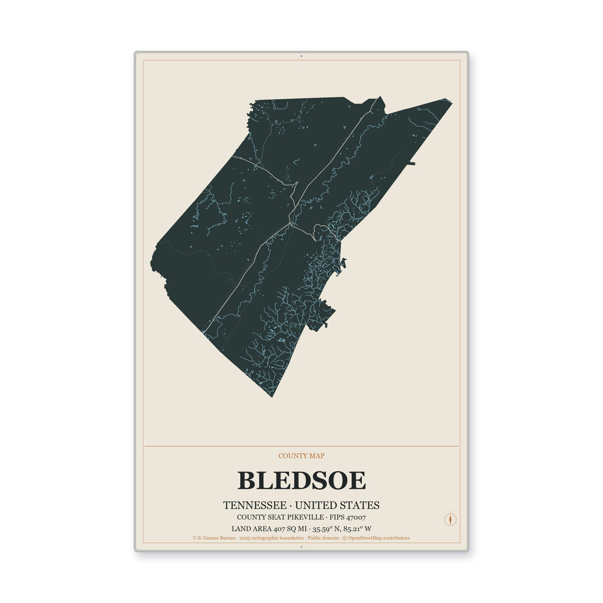 Bledsoe County, Tennessee Map Aluminum Sign in Headline Atlas style