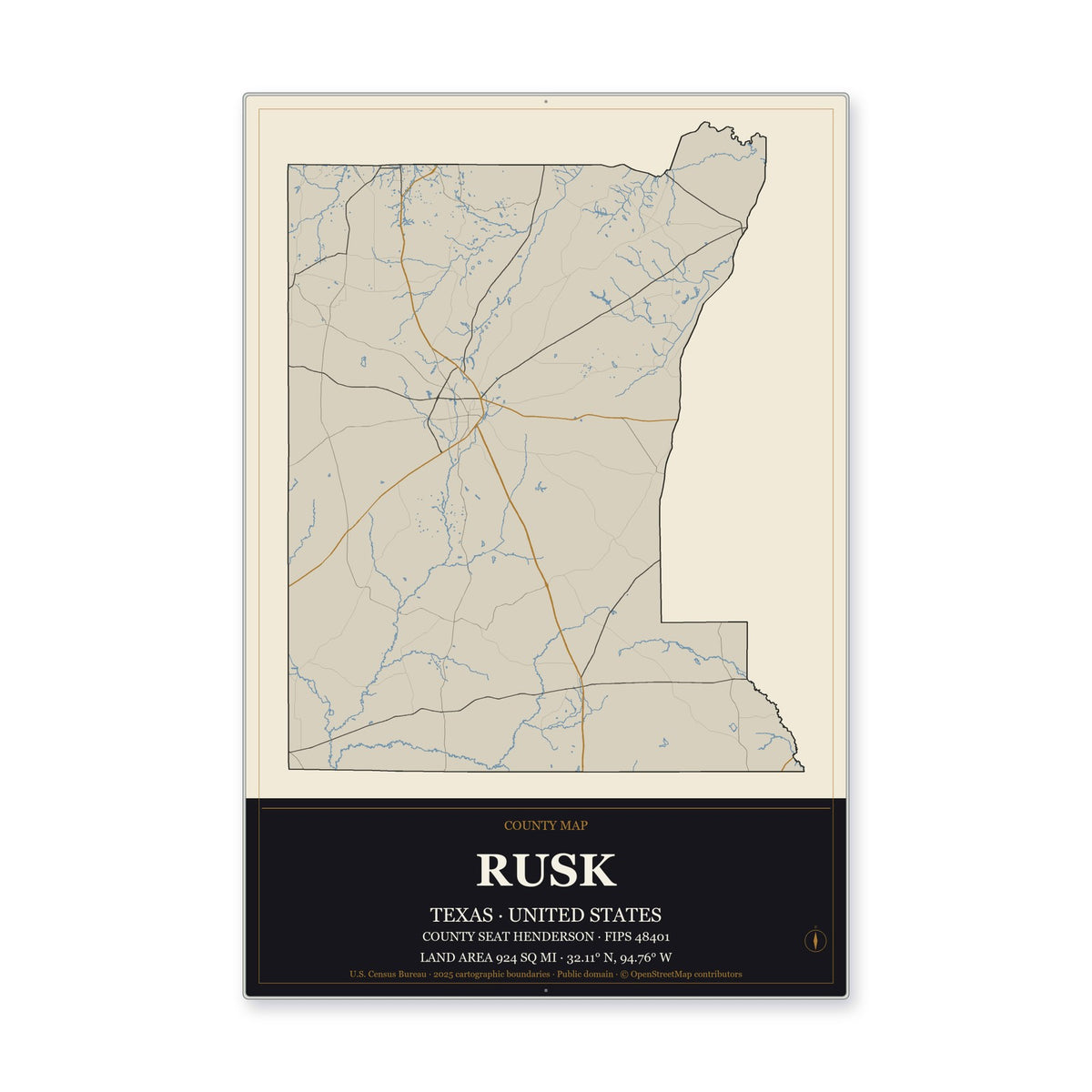 Rusk County, Texas Map Aluminum Sign in Museum Plaque style