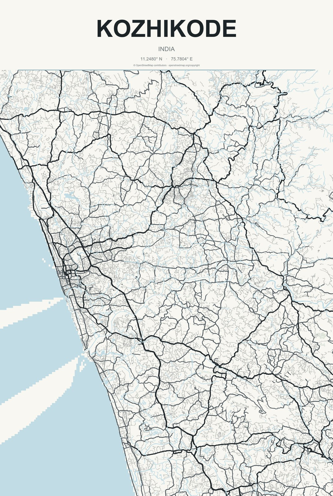 Kozhikode, India City Map Aluminum Sign in Headline Atlas style