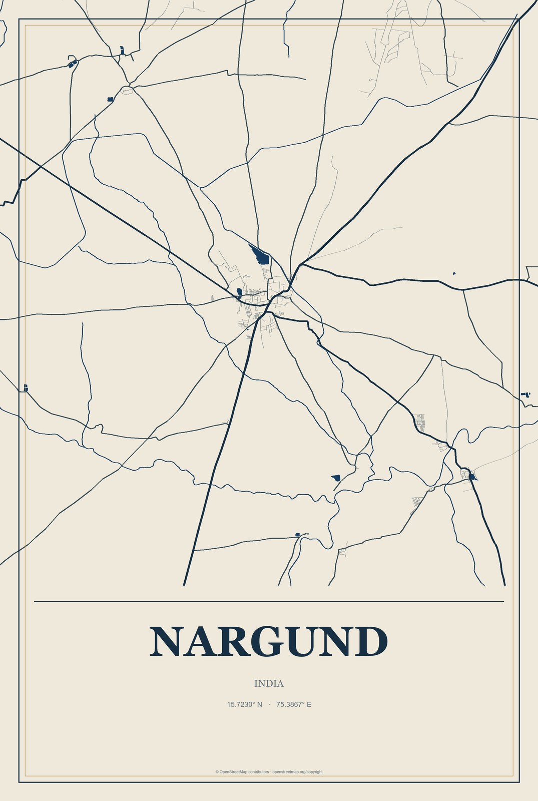Nargund, India City Map Aluminum Sign in Coastal Cutout style