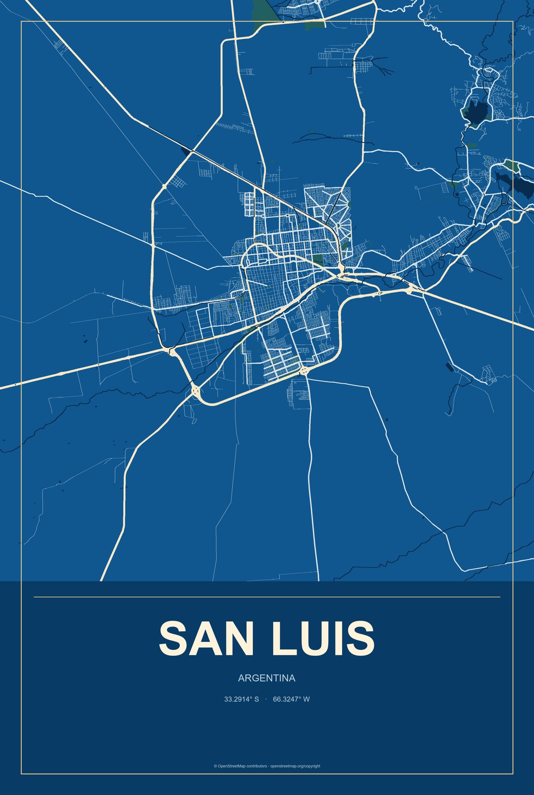 San Luis, Argentina City Map Aluminum Sign in Harbor Cobalt style