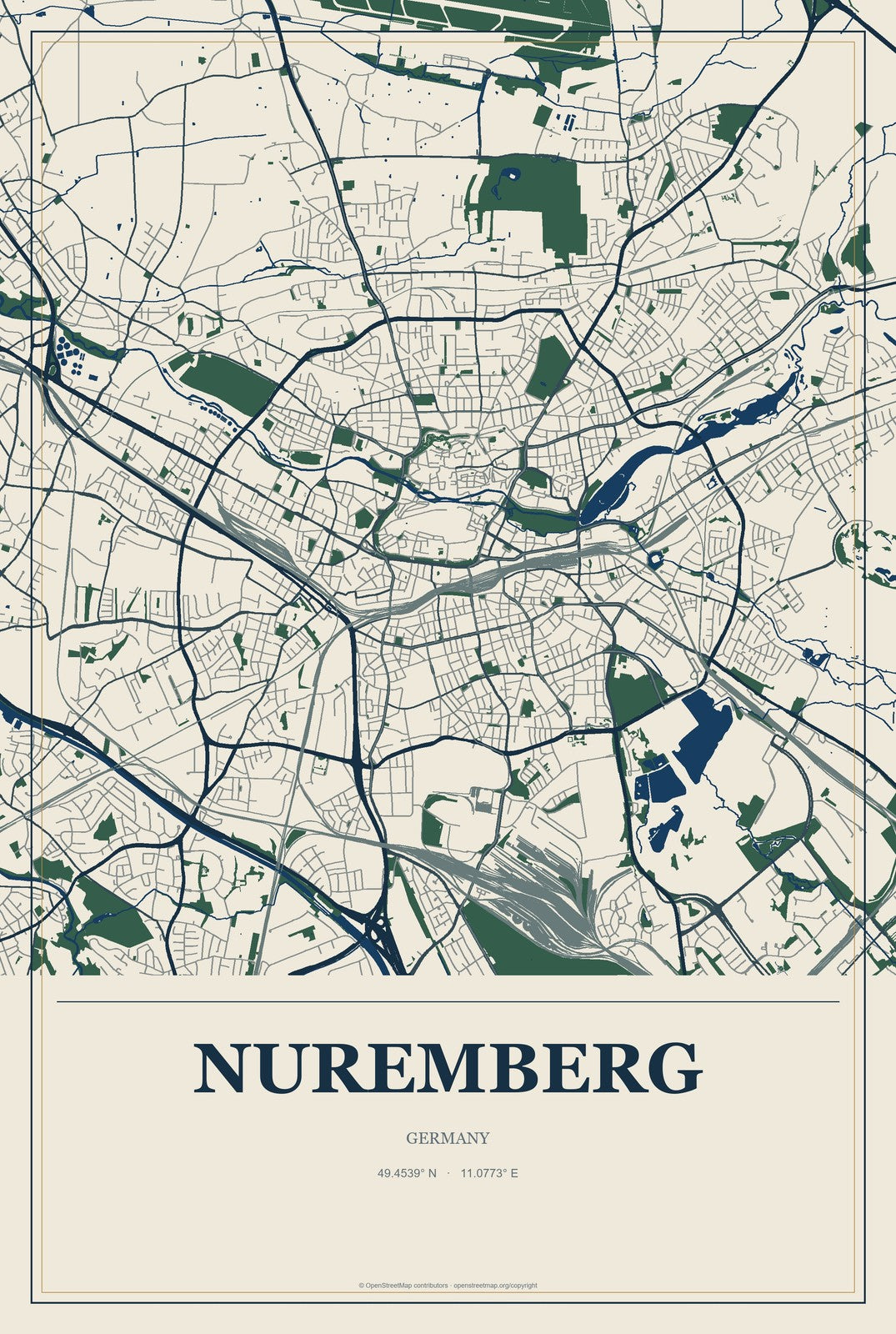 Nuremberg, Germany City Map Aluminum Sign in Coastal Cutout style