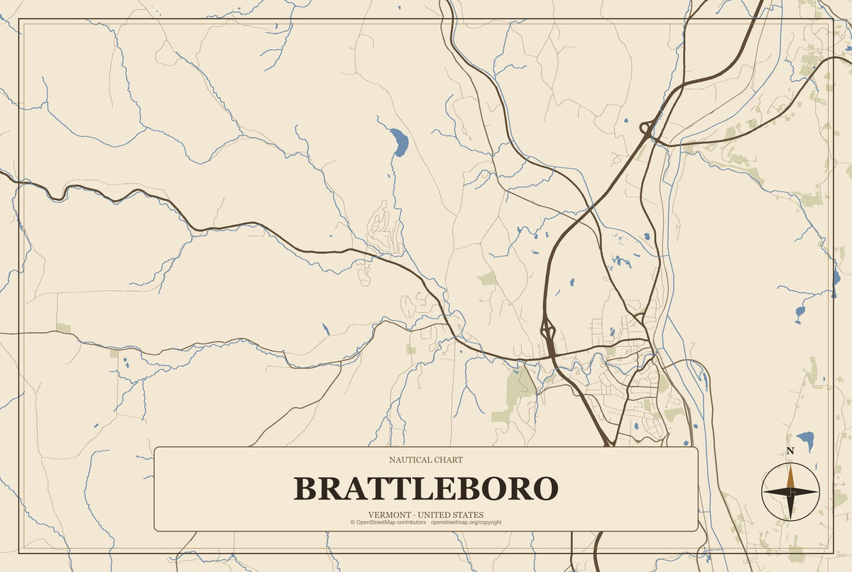 Brattleboro, Vermont City Map Aluminum Sign in Heritage Nautical style