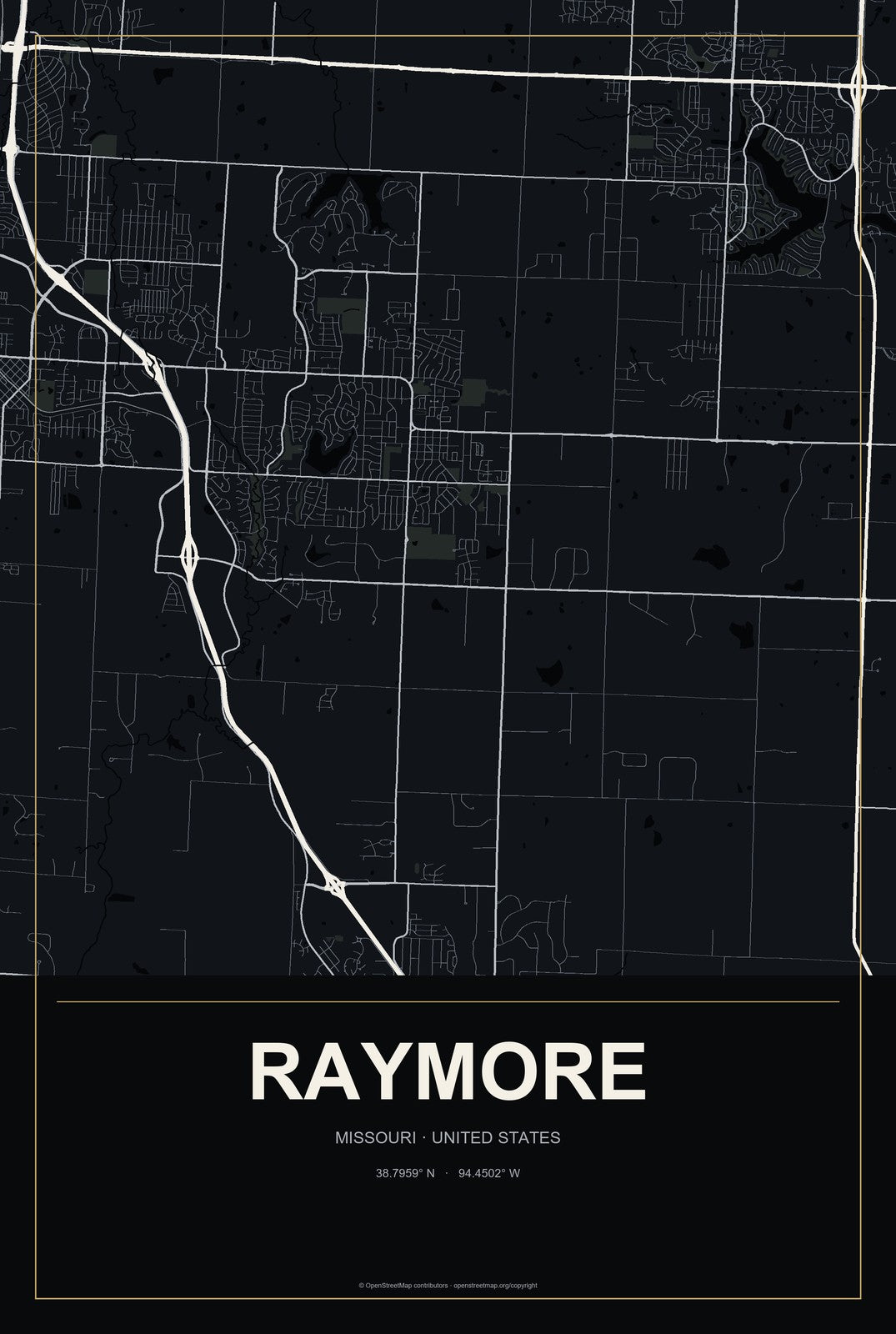Raymore, Missouri City Map Aluminum Sign in Metropolitan Noir style