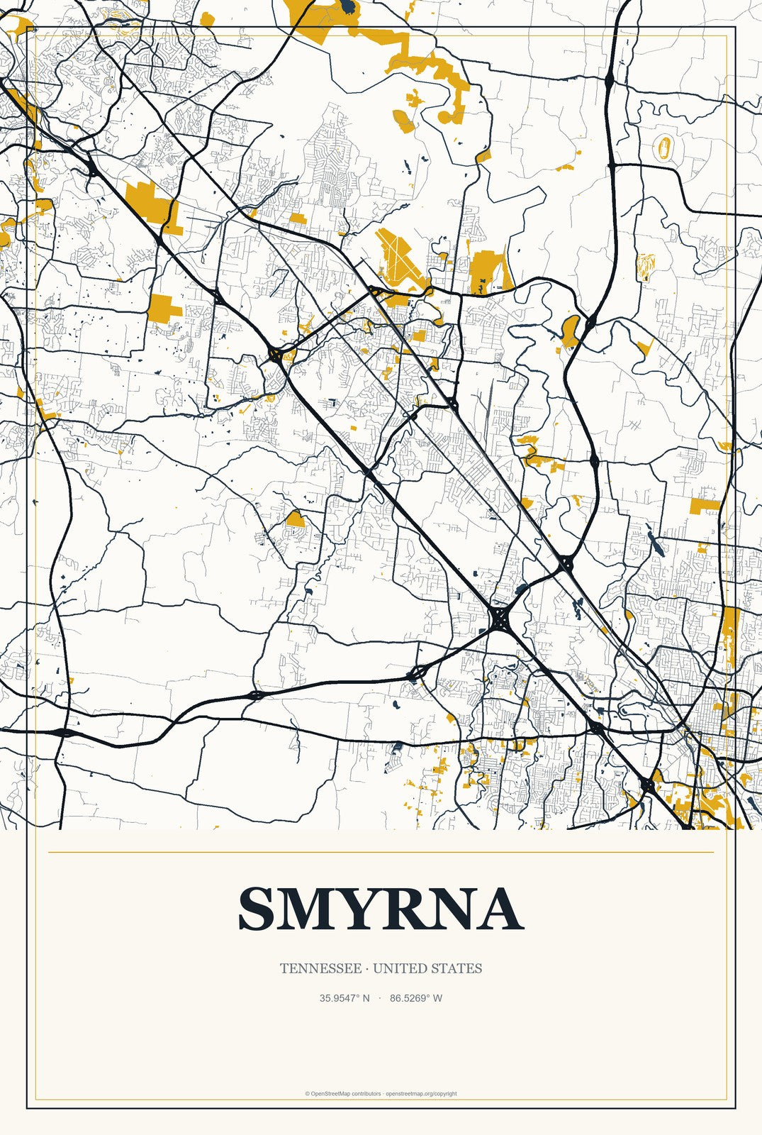 Smyrna, Tennessee City Map Aluminum Sign in Citrine Modern style