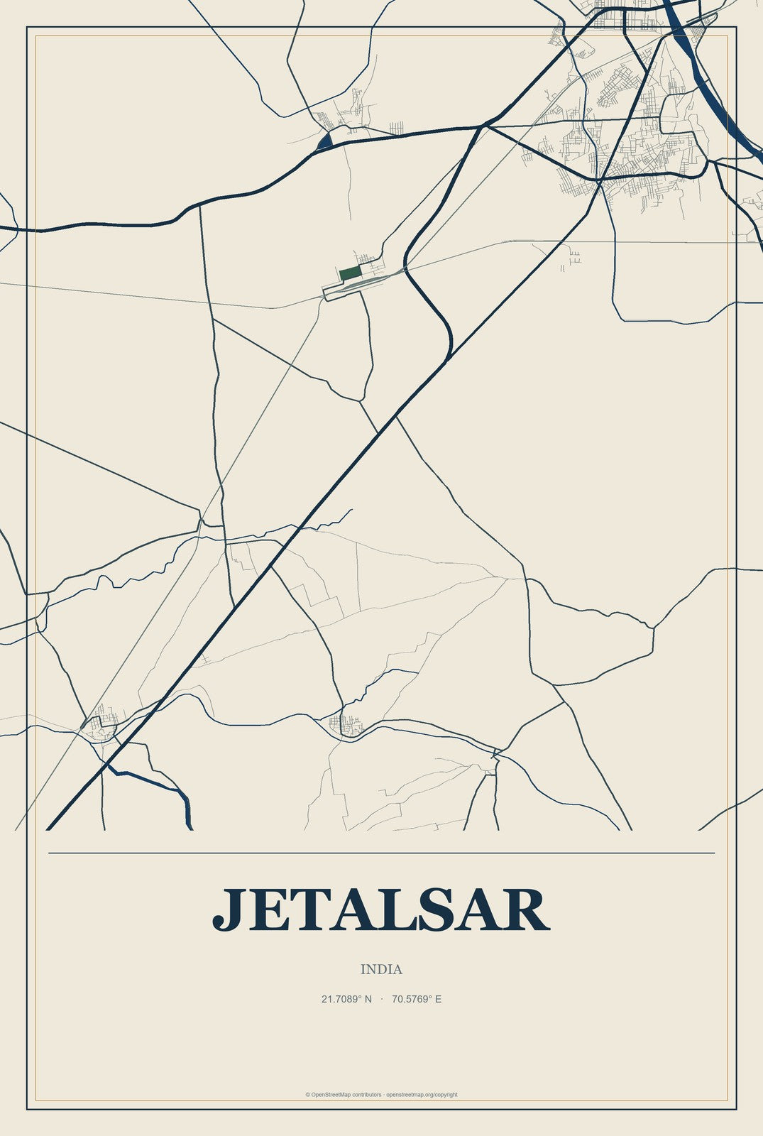 Jetalsar, India City Map Aluminum Sign in Coastal Cutout style