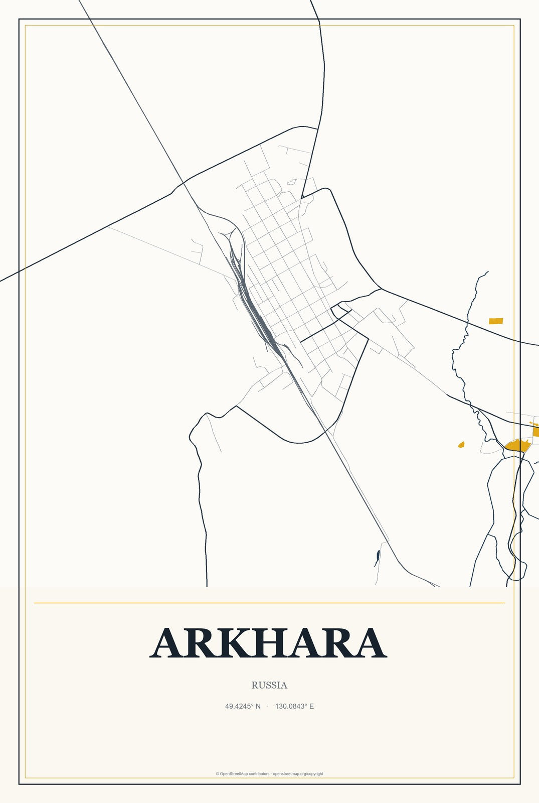Arkhara, Russia City Map Aluminum Sign in Citrine Modern style