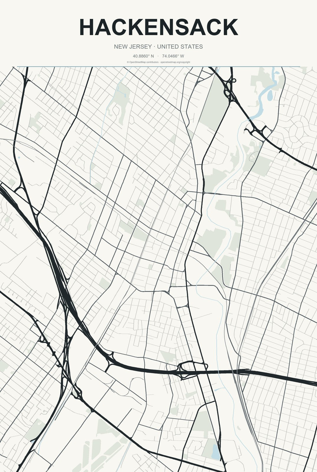 Hackensack, New Jersey City Map Aluminum Sign in Headline Atlas style