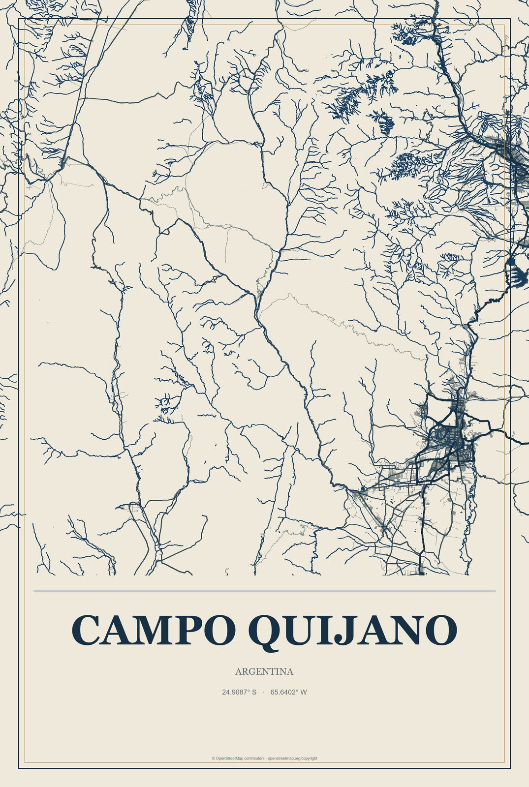Campo Quijano, Argentina City Map Aluminum Sign in Coastal Cutout style