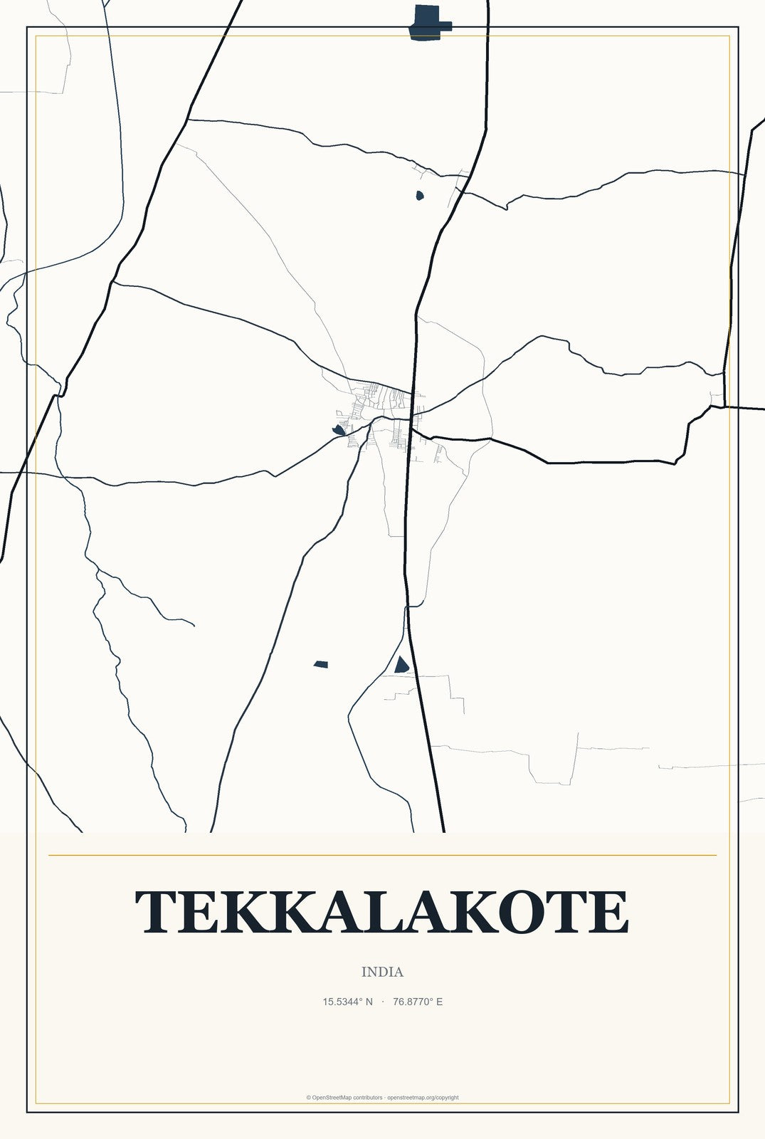 Tekkalakote, India City Map Aluminum Sign in Citrine Modern style