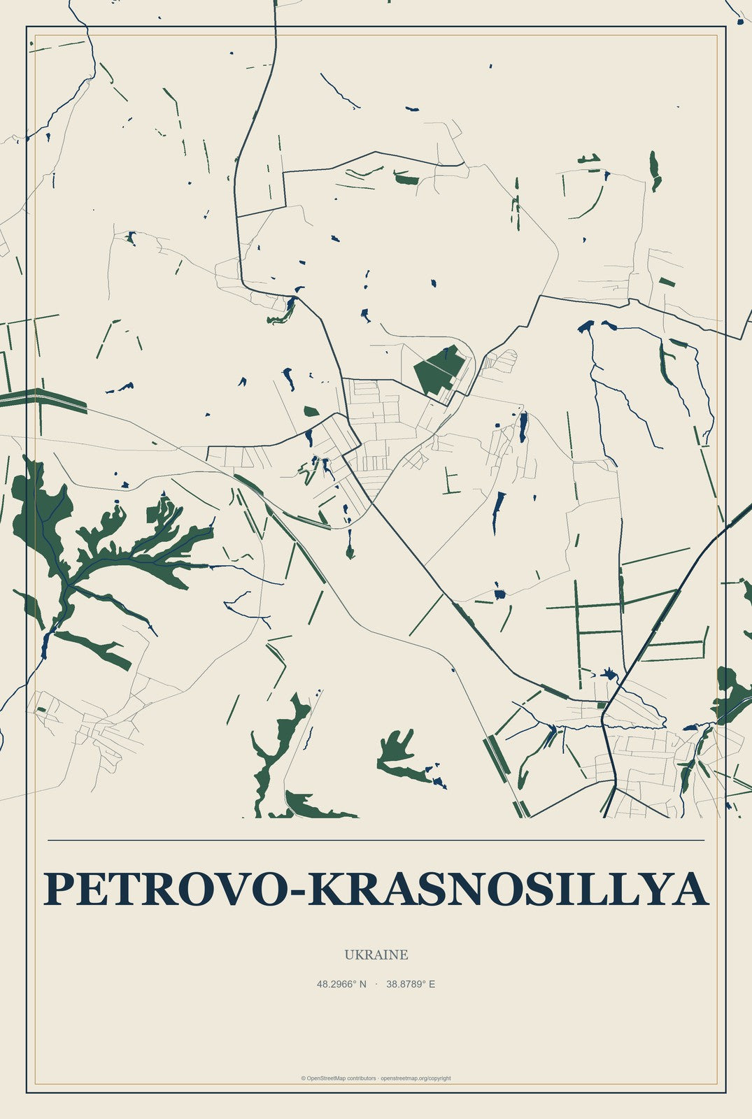 Petrovo-Krasnosillya, Ukraine City Map Aluminum Sign in Coastal Cutout style