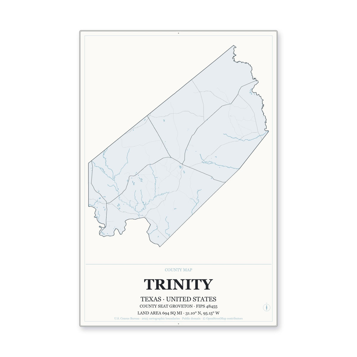 Trinity County, Texas Map Aluminum Sign in Gallery Air style