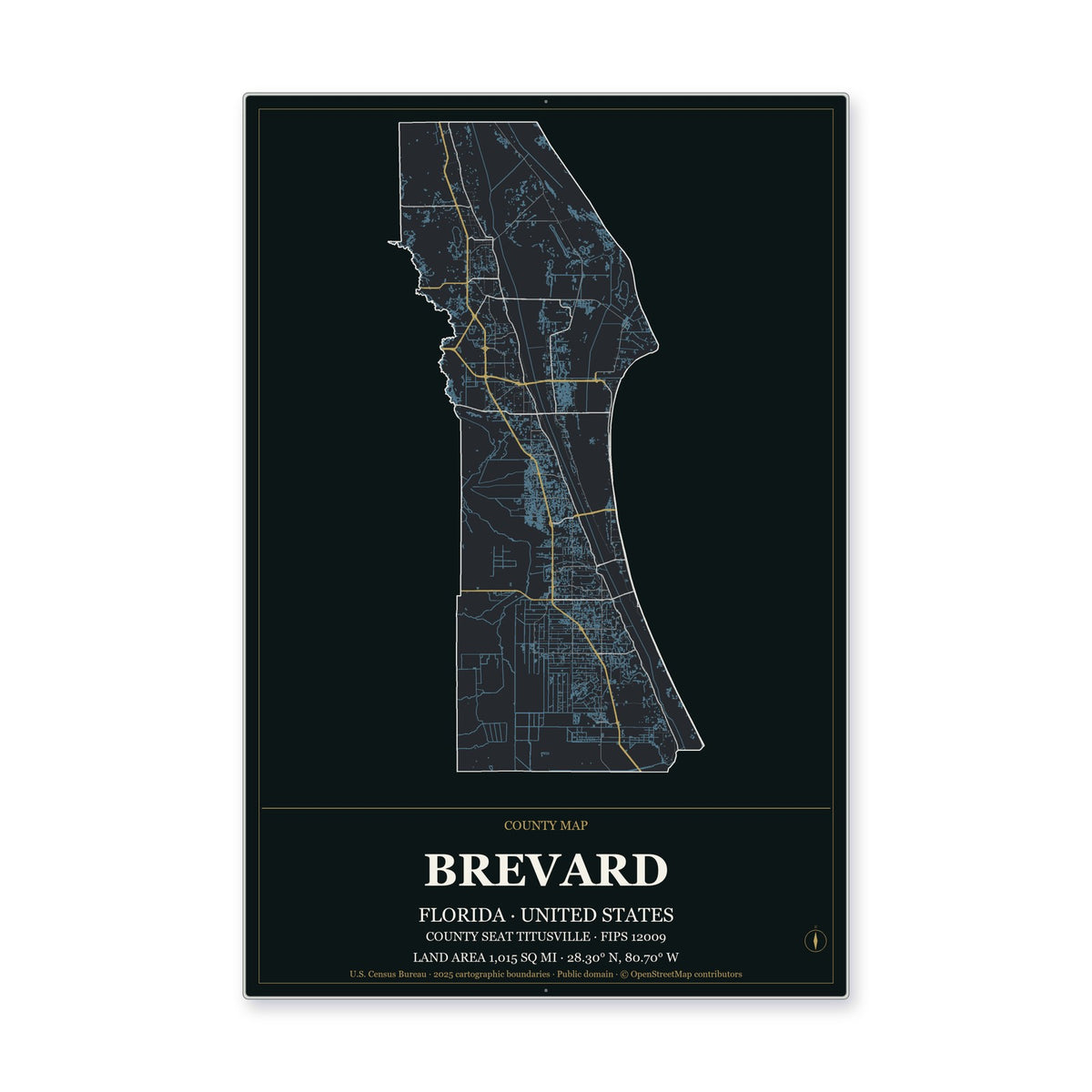 Brevard County, Florida Map Aluminum Sign in Metropolitan Noir style