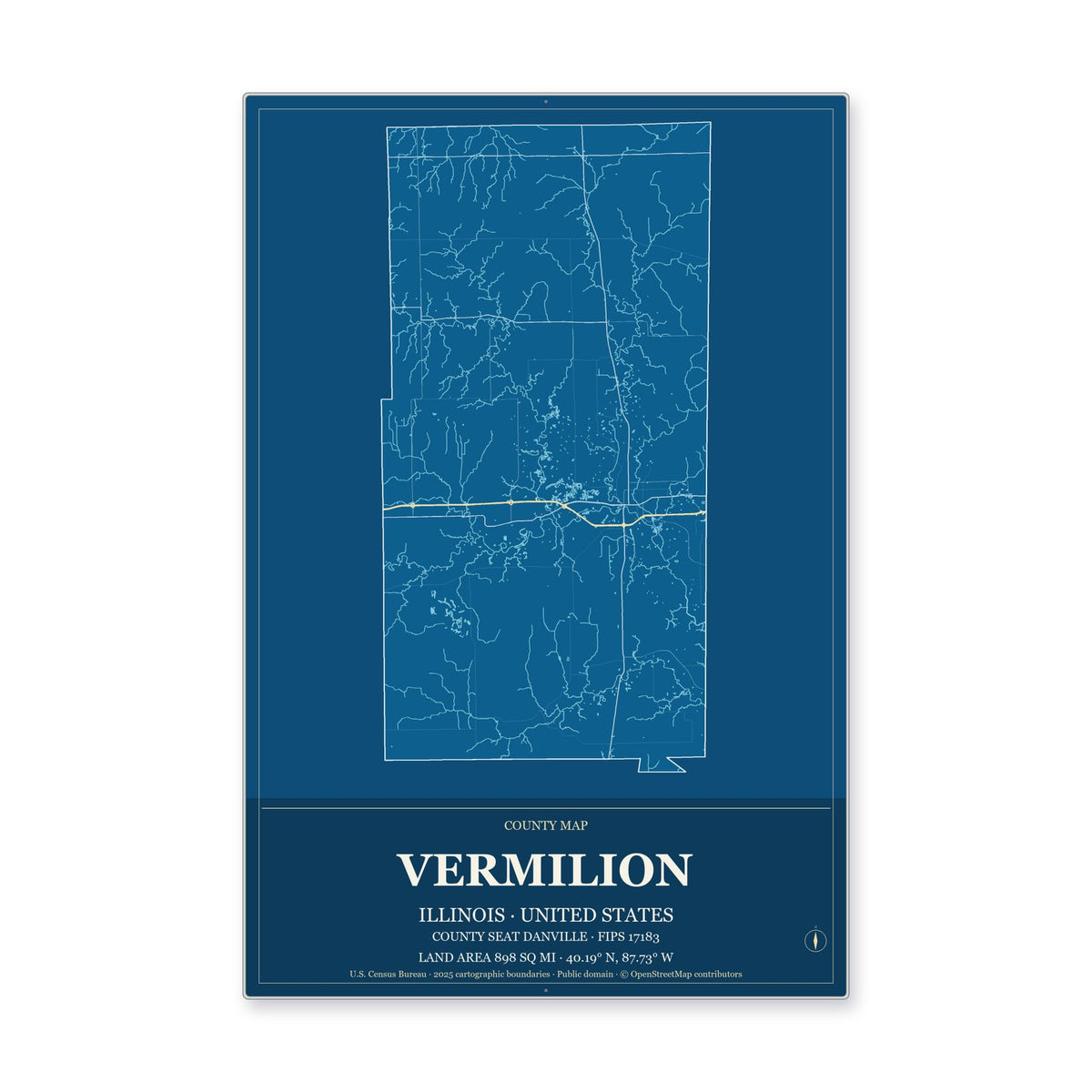Vermilion County, Illinois Map Aluminum Sign in Harbor Cobalt style