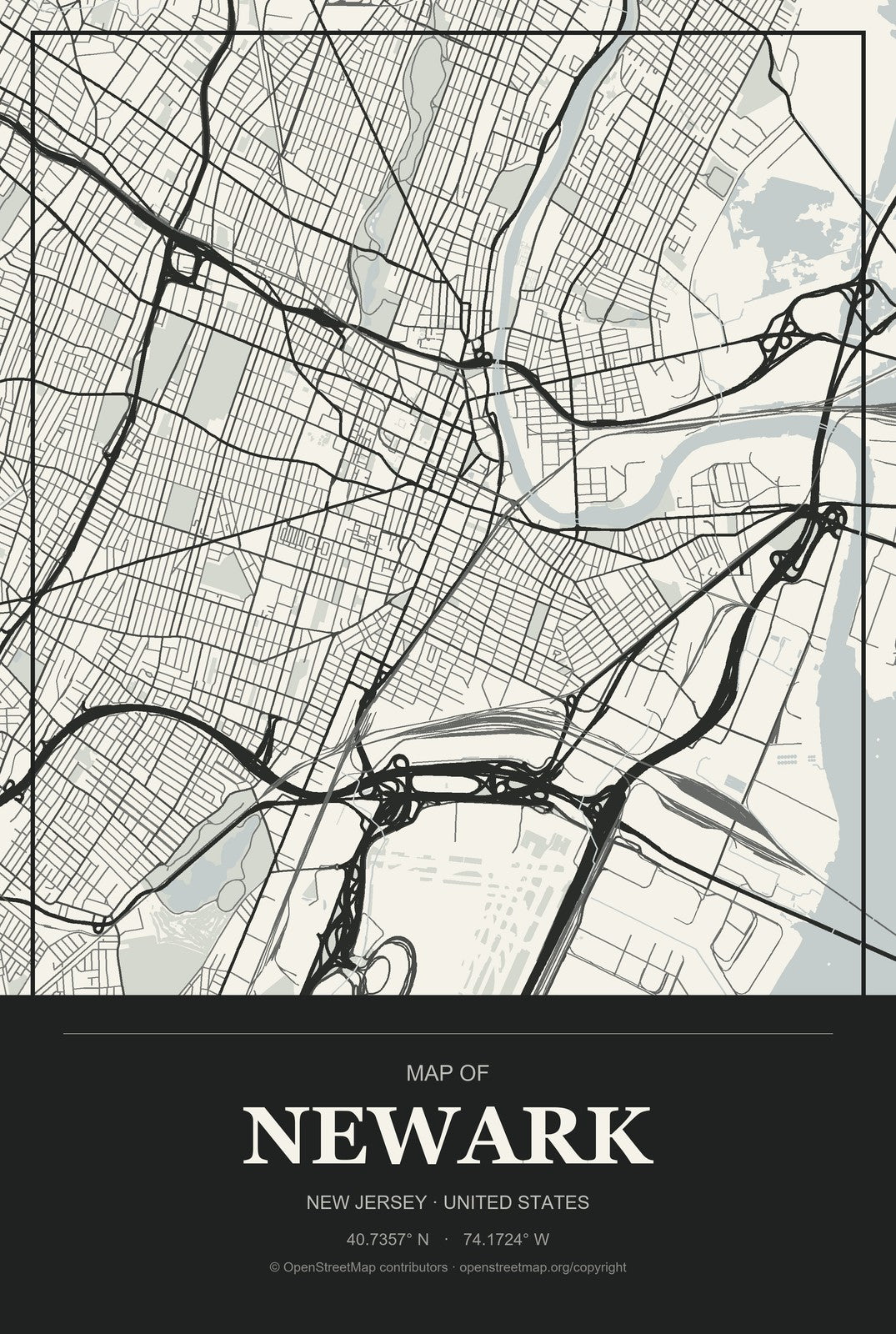 Newark, New Jersey City Map Aluminum Sign in Museum Plaque style