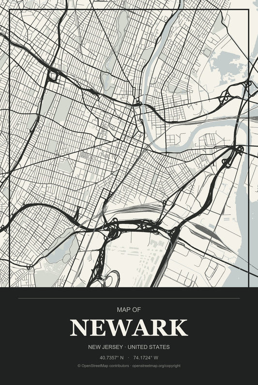 Newark, New Jersey City Map Aluminum Sign in Museum Plaque style
