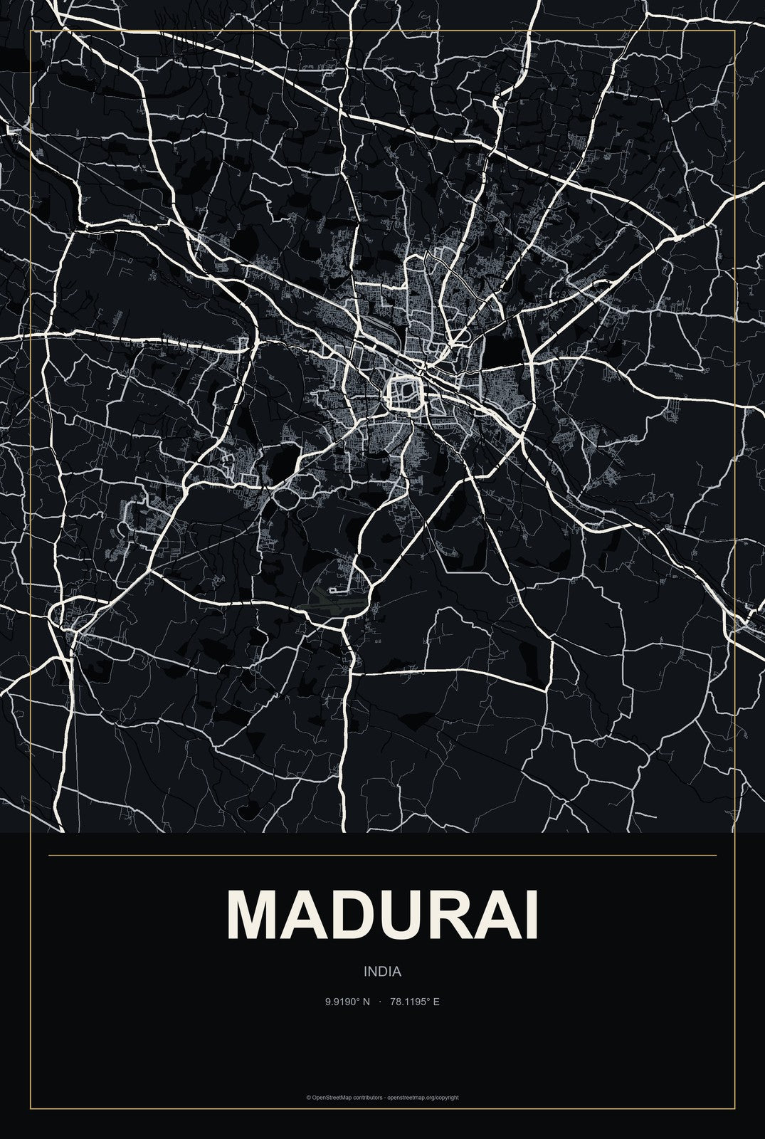 Madurai, India City Map Aluminum Sign in Metropolitan Noir style