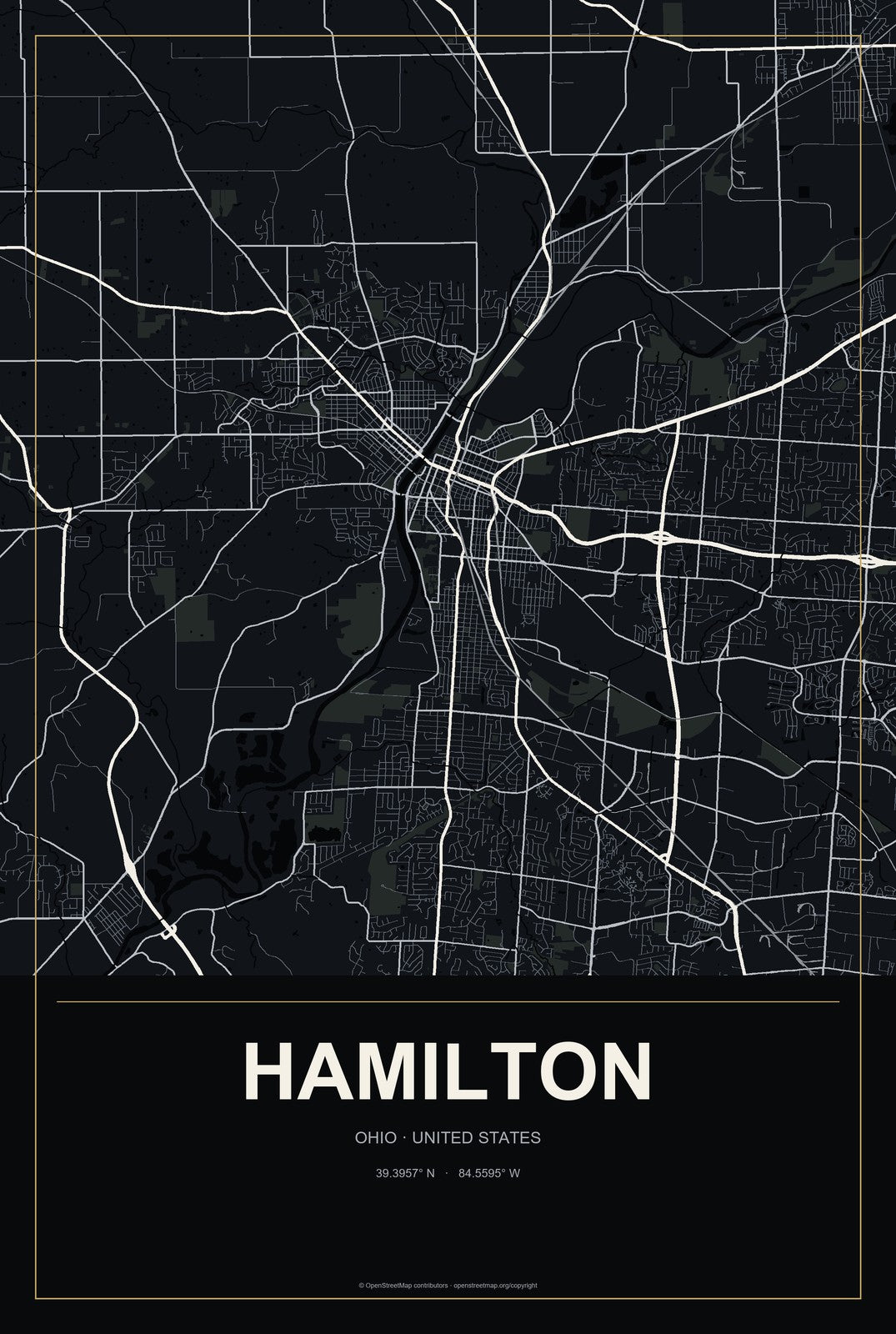 Hamilton, Ohio City Map Aluminum Sign in Metropolitan Noir style
