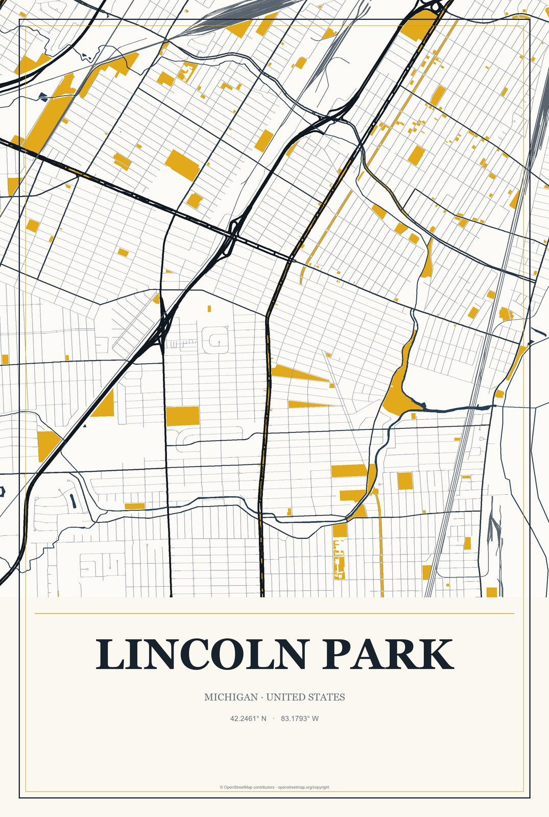 Lincoln Park, Michigan City Map Aluminum Sign in Citrine Modern style