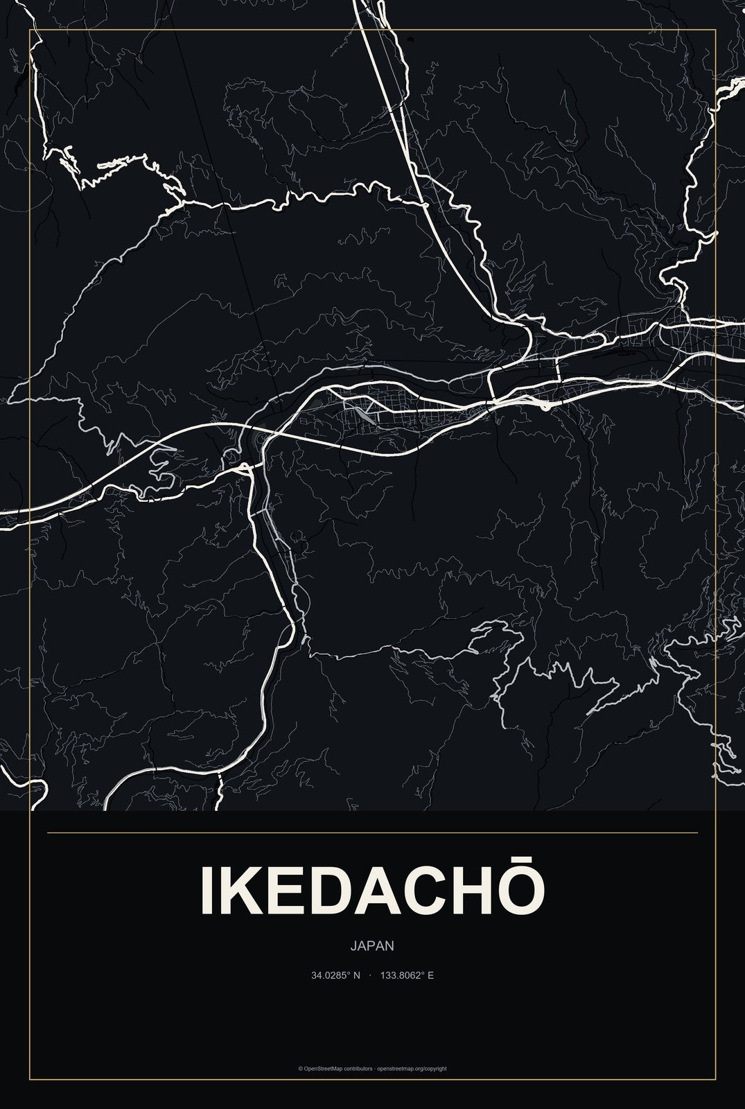 Ikedachō, Japan City Map Aluminum Sign in Metropolitan Noir style